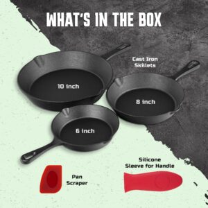 Cast Iron Skillet 3-Piece Set - Professional Pre-Seasoned Heavy-Duty Pan Cookware - 10 Inch, 8 Inch, 6 Inch Pans with Scraper & Handle Sleeve for Frying, Sautéing, Cooking, Baking