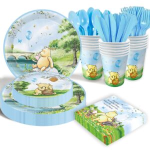 175pcs vintage winnie bear baby shower pooh decorations blue birthday party supplies tableware set (25 guest) with paper plates cups napkins cutlery for boy newborn birthday party decoration