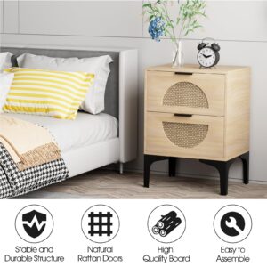 Aenuert Rattan Nightstand with 2 Drawers, Wooden Boho Side Table with Storage, Bedside End Table for Bedroom, Dorm and Small Spaces(Natural)