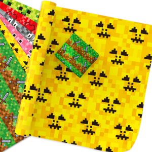 12 Sheets Pixel Style Gift Wrapping Paper,Pixel Miner Pattern Wrapping Paper For Video Game Party DIY Gift Packing Miner Crafting Birthday Party Favor, 20 x 27 Inch