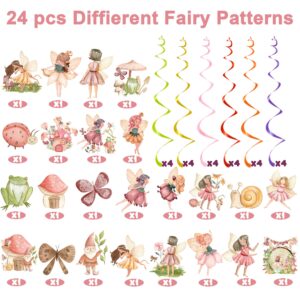 Fairy Party Hanging Swirls Ceiling Decor - NO DIY, 24 Pcs Wonderland Garden Fairy Mushroom Frog Gnome Insect Hanging Decor, Perfect for Whimsical Birthday Baby Shower Celebration Decorations