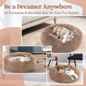 rabbitgoo Cat Beds for Indoor Cats, 20 inches Cat Bed Machine Washable, Fluffy Round Pet Bed Non-Slip, Calming Soft Plush Donut Cuddler Cushion Self Warming for Small Dogs Kittens, Light Brown, Medium