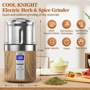 COOL KNIGHT Herb Grinder, Spice Grinder, Electric Grinder with Timer, 304 Stainless Steel Blades and Removable Stainless Steel Bowl, Large Capacity for Quick Grinding of Spices,Herbs,Coffee Beans,etc