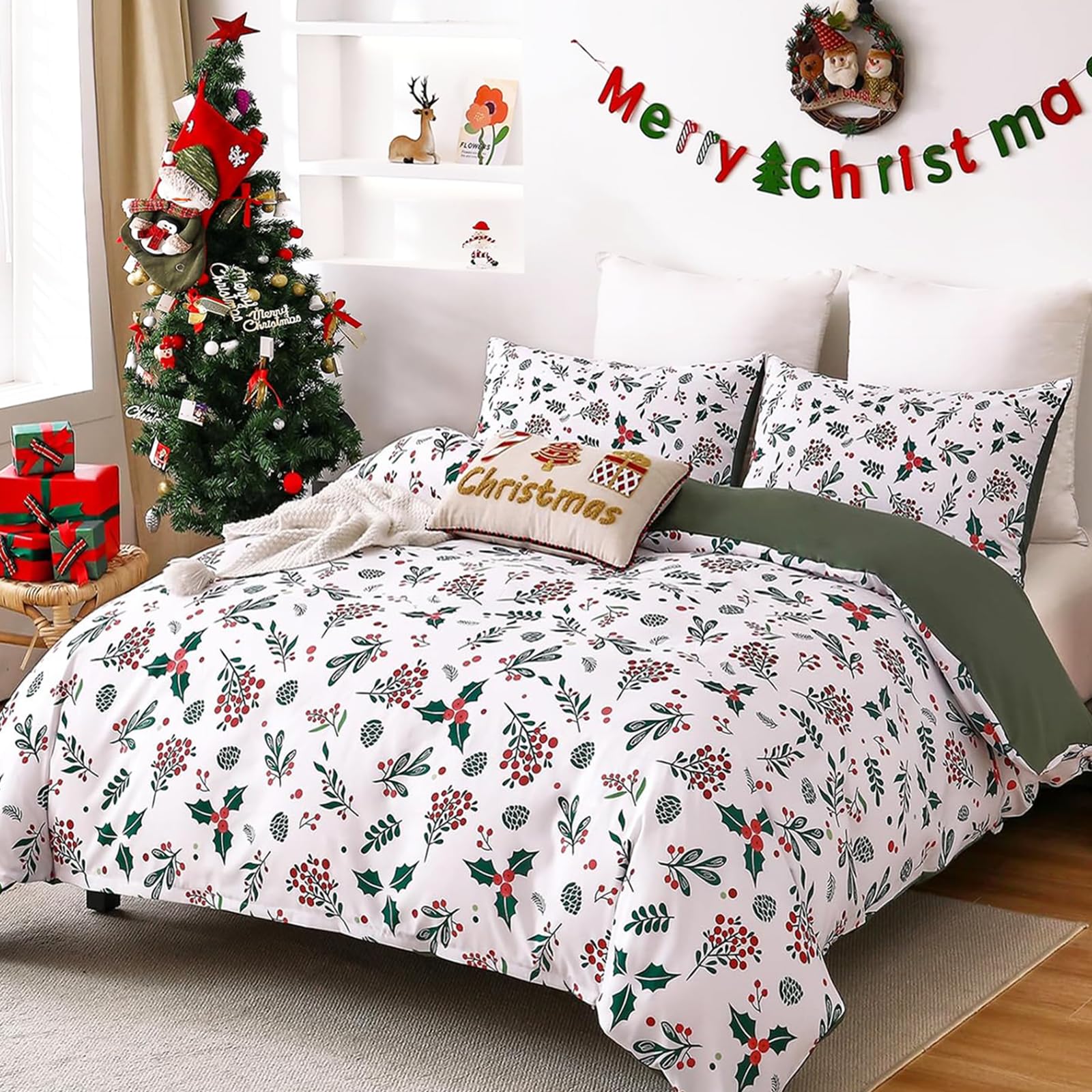 WONGS BEDDING Christmas Duvet Cover Set King,Merry Christmas Holly Berry Printed Bedding Duvet Cover,3 Pieces New Year Bedding Set with 2 Pillowcases 104”X 90”