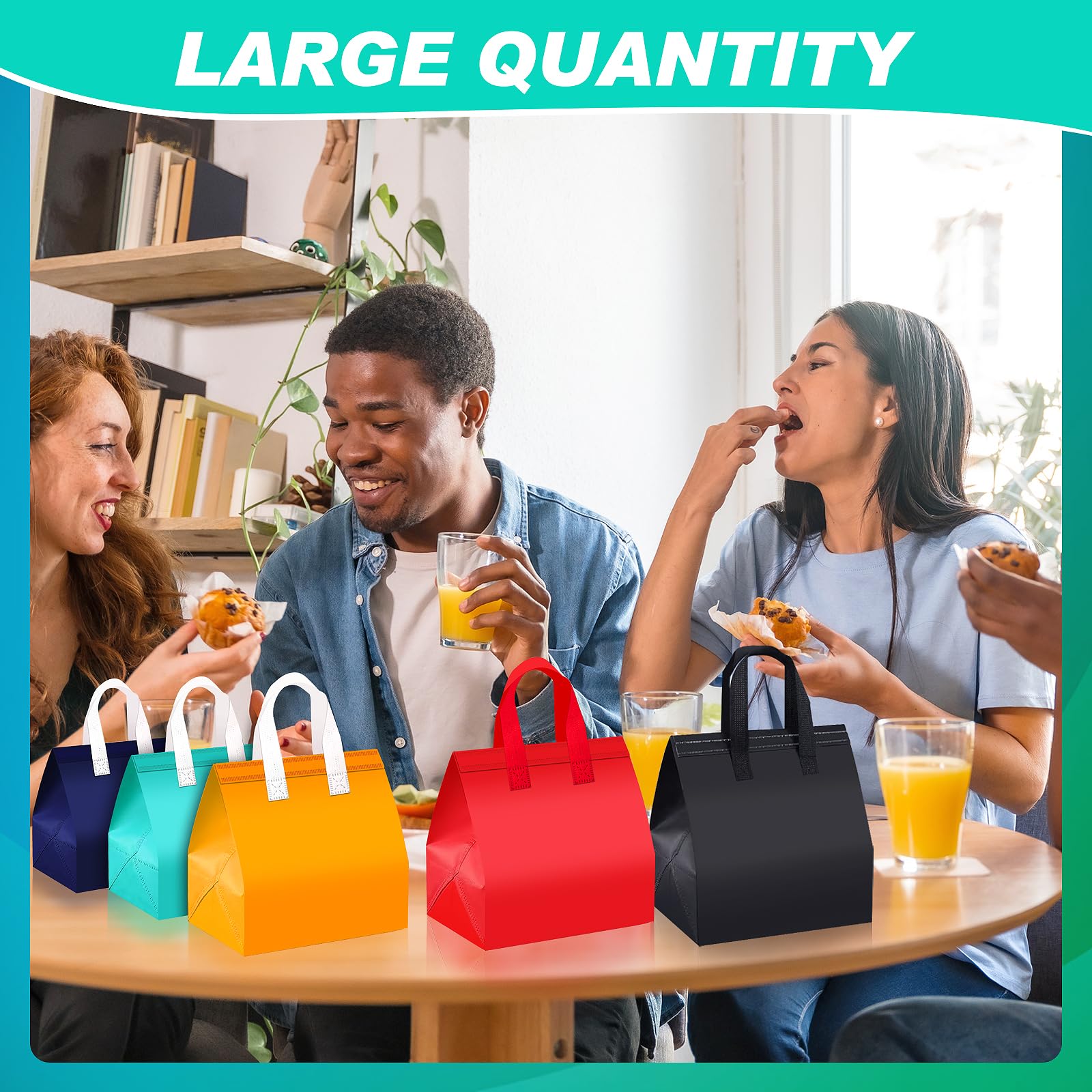 Kidum 60 Pcs Insulated Take Away Bags Bulk 9.5 x 6 x 9.5 in Insulated Lunch Bag Disposable Thermal Insulation Cooler Bags Hot Cold Delivery Bag for Catering Restaurant Grocery(Six Colors)