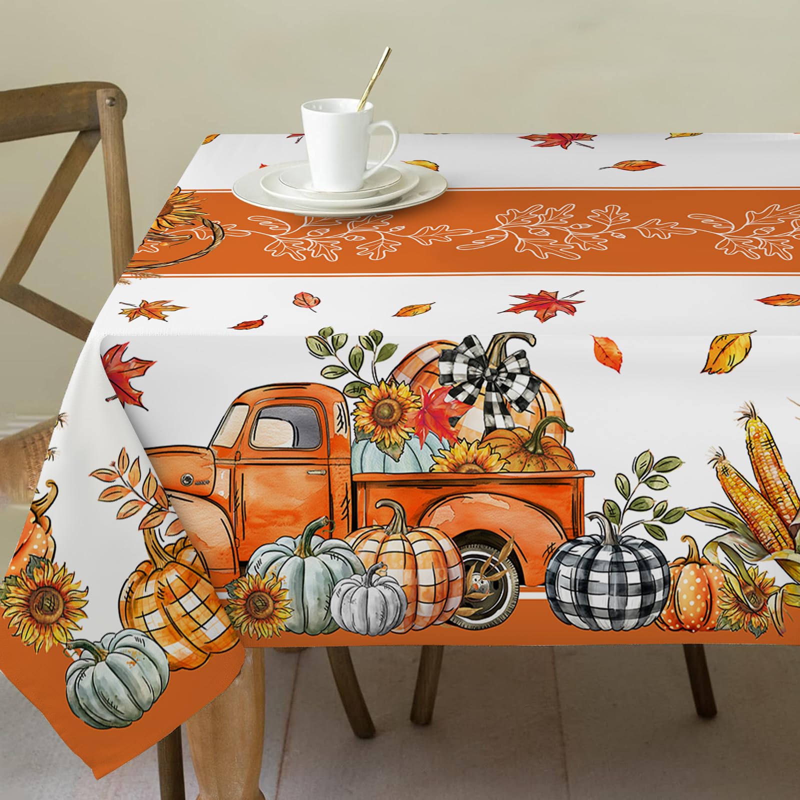 cusugbaso Fall Tablecloth 60x84 Inch Rectangle - Pumpkin Truck Fall Decor for Home - Water Resistant Orange Farmhouse Thanksgiving Table Cloth Rectangle for Party,Dinning,Home