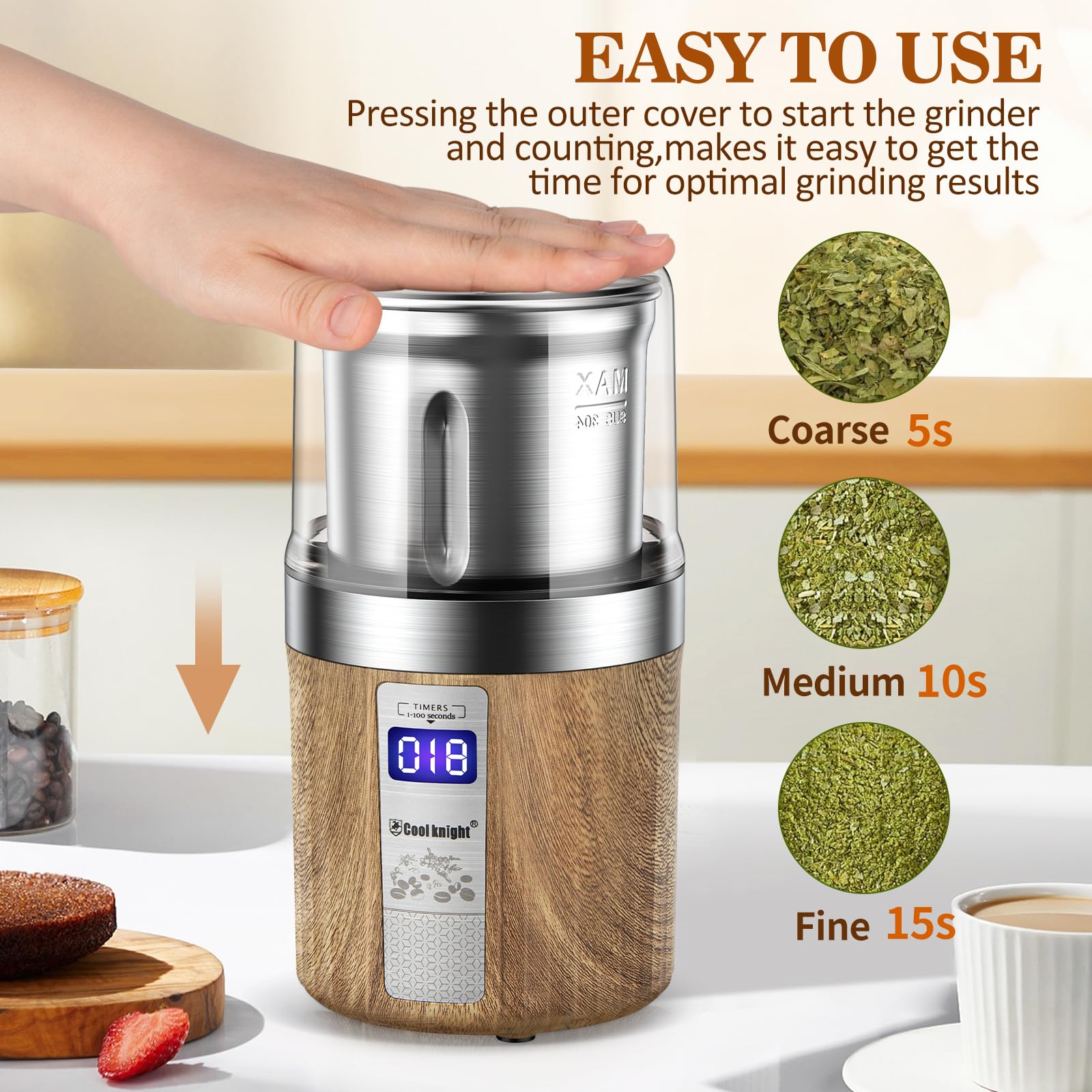 COOL KNIGHT Herb Grinder, Spice Grinder, Electric Grinder with Timer, 304 Stainless Steel Blades and Removable Stainless Steel Bowl, Large Capacity for Quick Grinding of Spices,Herbs,Coffee Beans,etc