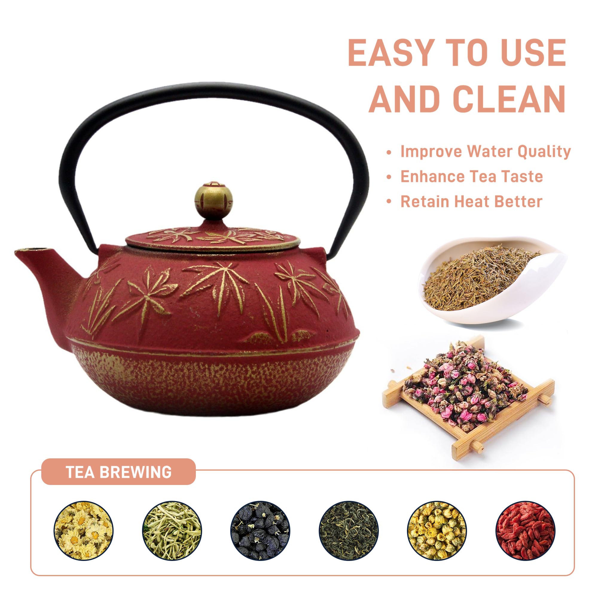 SECHUDO Cast Iron Teapot Tea Kettle with Stainless Steel Infuser for Stovetop Safe Coated with Enameled Interior Japanese Red Tetsubin with Maple Leaves Pattern(30.4oz/900ml)