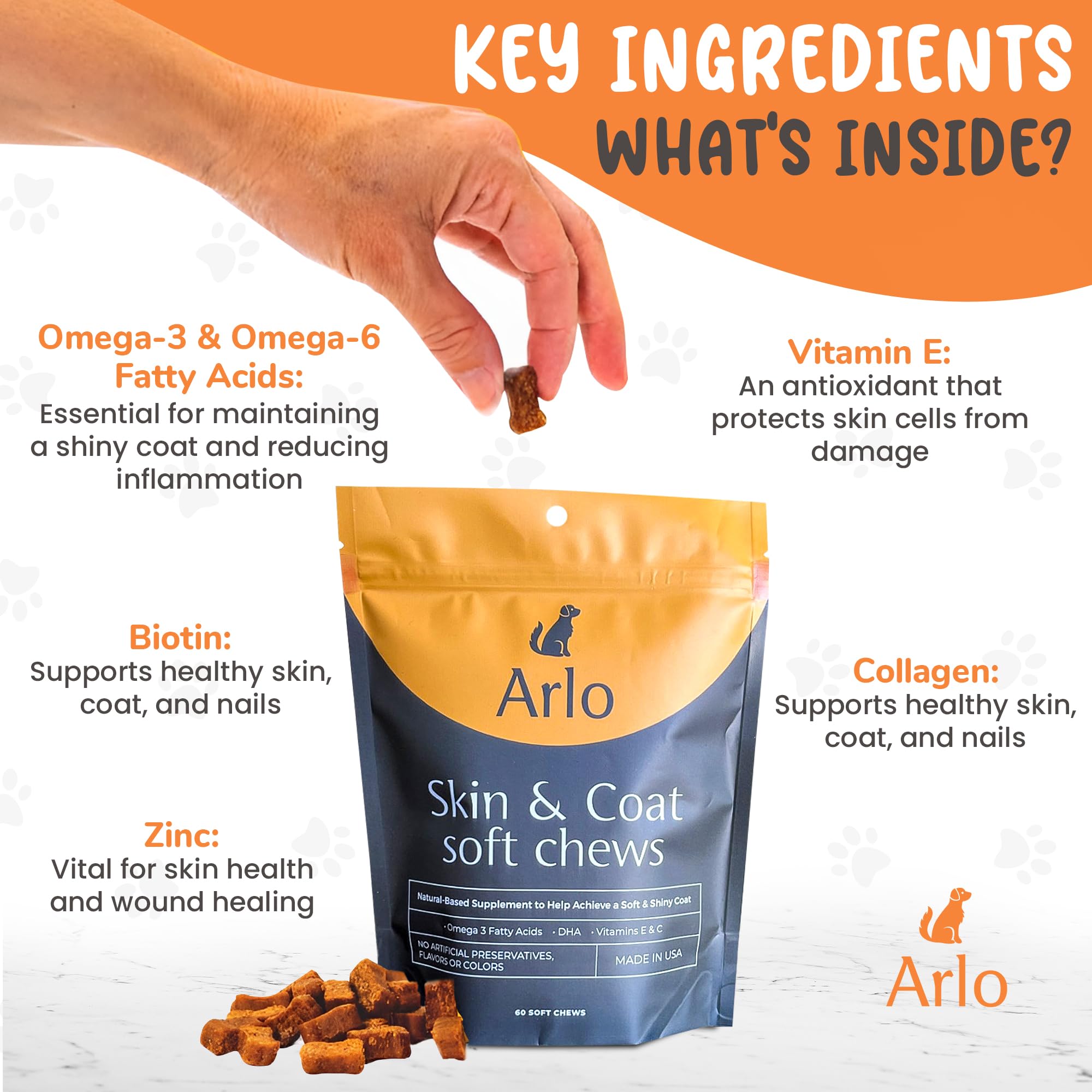 Arlo Pet Supplies Skin and Coat Supplement for Dogs, 60 Soft Chews, Omega 3 Fatty Acids, DHA, Vitamins E and C, Restore Soft, Shiny Hair and Diminish Irritation, Made in USA