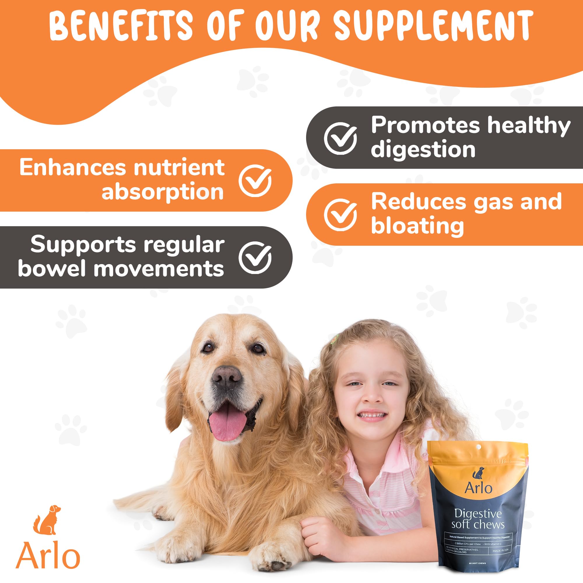 Arlo Pet Supplies Pre and Probiotics for Dogs & Puppies, Digestive Supplement, 60 Soft Chews, 2 Billion CFUs, Vitamin C, Supports Healthy Digestion, Helps Reduce Gas, Bloating, Irregularity