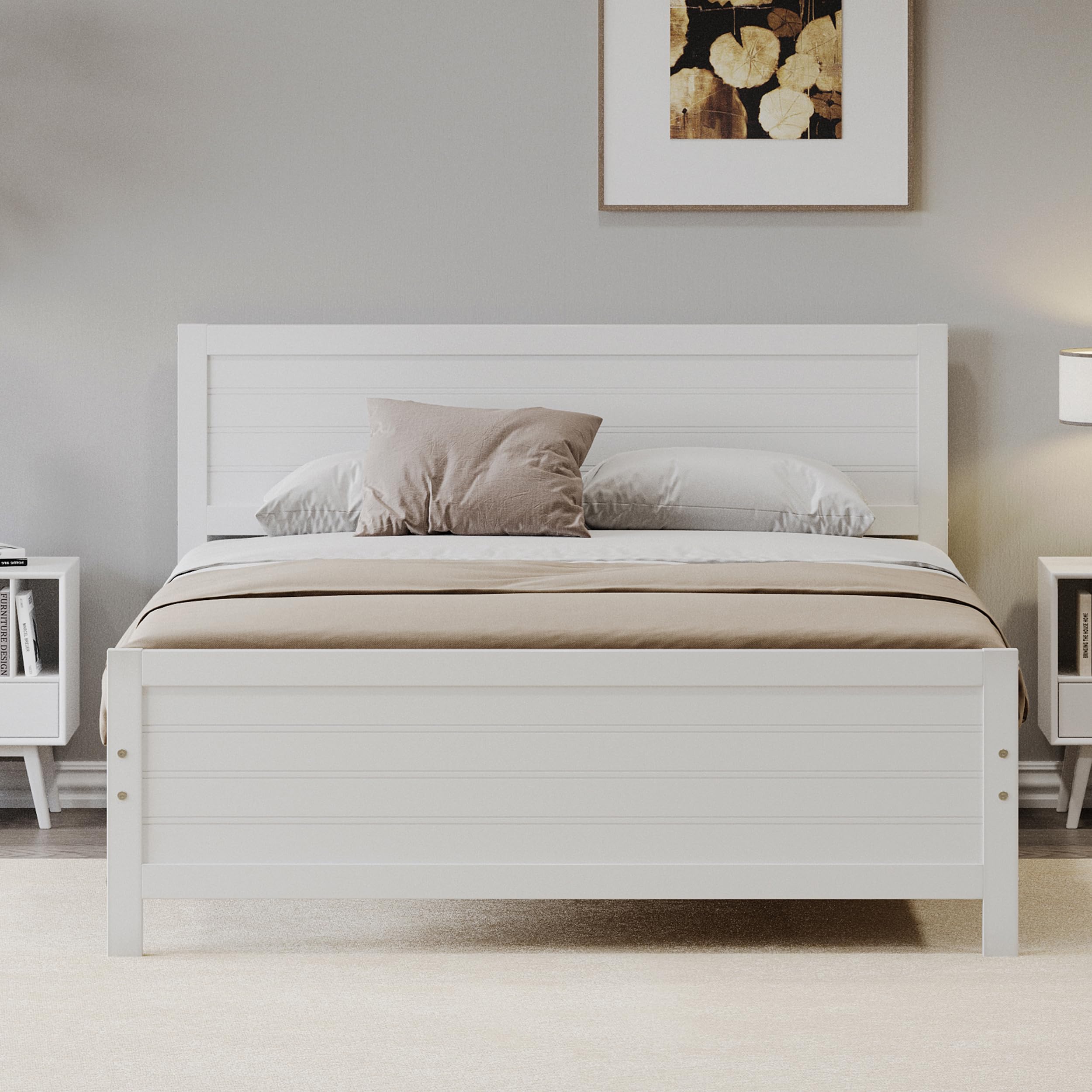 Queen Size Wood Platform Bed Frame with Headboard, Mattress Foundation with Slat Support, No Box Spring Needed, White