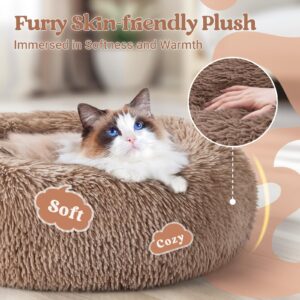 rabbitgoo Cat Beds for Indoor Cats, 20 inches Cat Bed Machine Washable, Fluffy Round Pet Bed Non-Slip, Calming Soft Plush Donut Cuddler Cushion Self Warming for Small Dogs Kittens, Light Brown, Medium