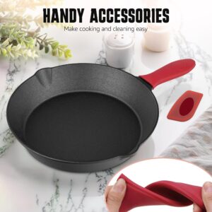 Cast Iron Skillet 3-Piece Set - Professional Pre-Seasoned Heavy-Duty Pan Cookware - 10 Inch, 8 Inch, 6 Inch Pans with Scraper & Handle Sleeve for Frying, Sautéing, Cooking, Baking