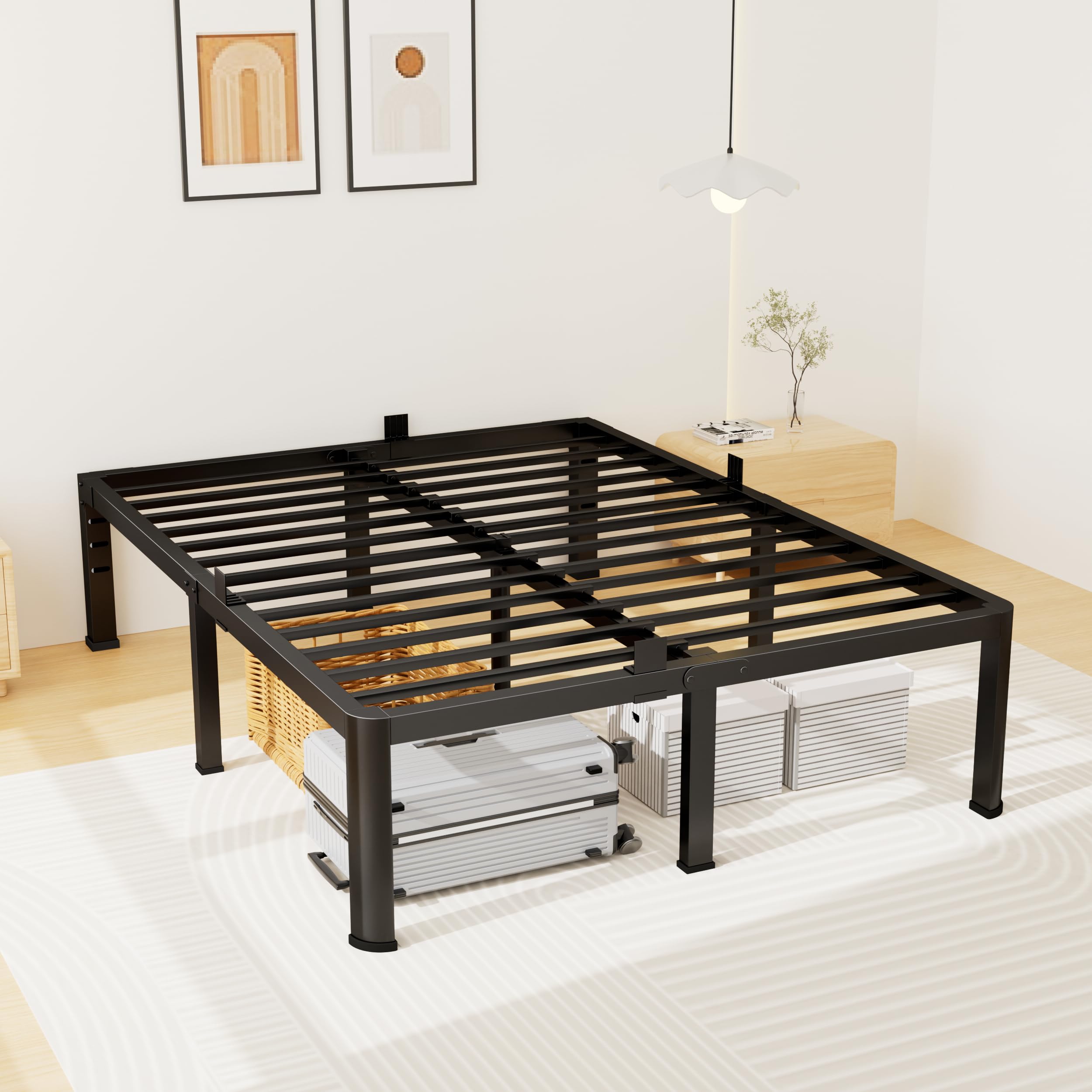 14 Inch Queen Size Platform Bed Frame with Under-Bed Storage Space, Heavy Duty Metal Bed Frame No Box Spring Needed, Sturdy Round Corner Bed Frame Strong Bearing Capacity, Easy Assembly, Noise Free