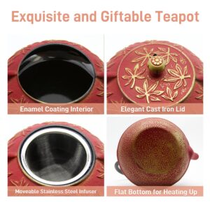 SECHUDO Cast Iron Teapot Tea Kettle with Stainless Steel Infuser for Stovetop Safe Coated with Enameled Interior Japanese Red Tetsubin with Maple Leaves Pattern(30.4oz/900ml)