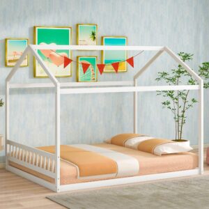 lostcat queen size floor bed frame, montessori bed queen floor bed frames queen, kids house bed frame for kids boys girls, house platform bed for kids, wooden slat support/no box spring needed, white