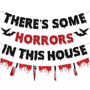 there's some horrors in this house banner, happy halloween decorations indoor party, halloween decor for room office wall, adult horror halloween banner decorations