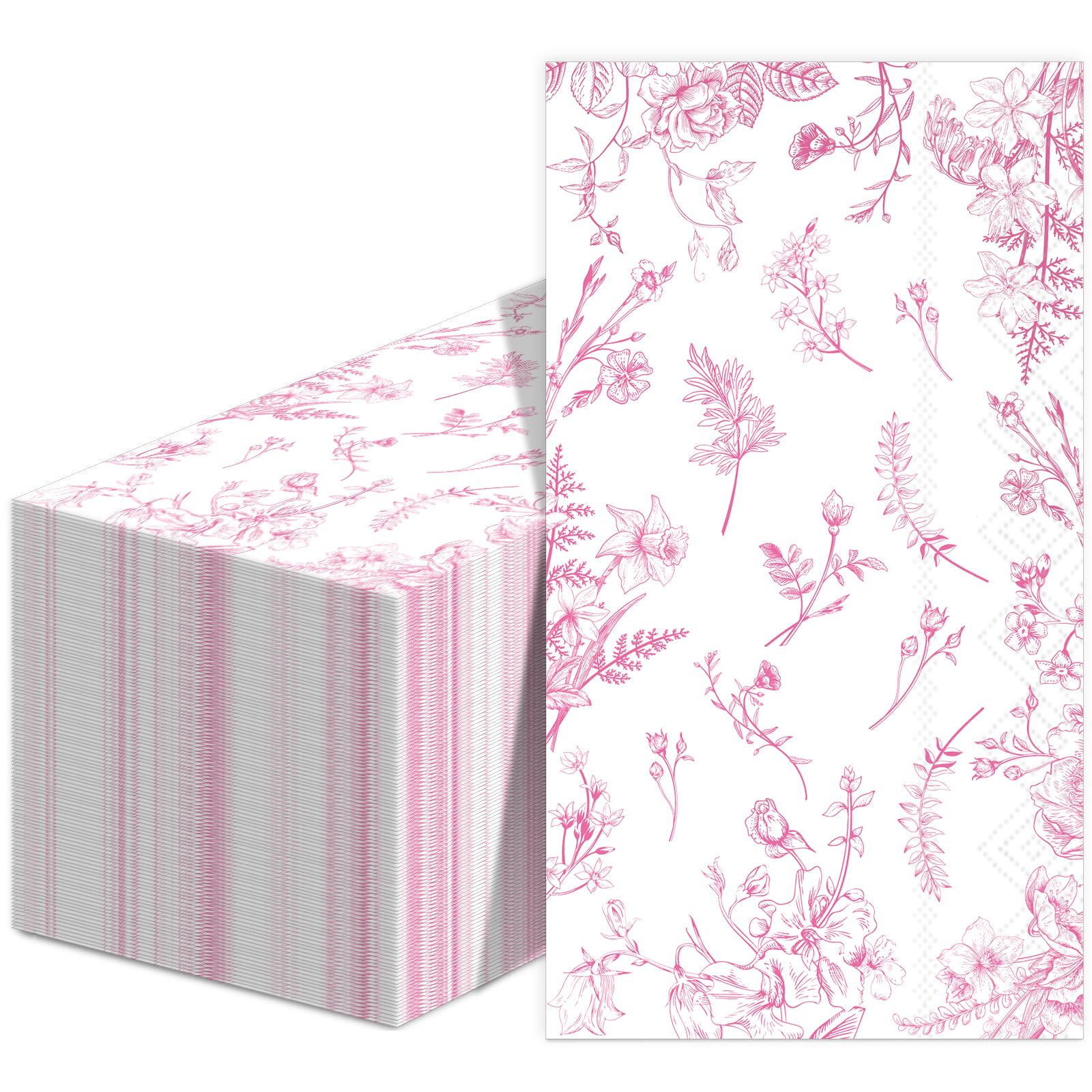 100Pcs Pink Floral Guest Napkins Pink and White Floral Dinner Napkins Party Supplies Pink Floral Paper Bathroom Hand Towels Toile for Wedding Bridal Birthday Baby Shower Garden Tea Summer Party Favor