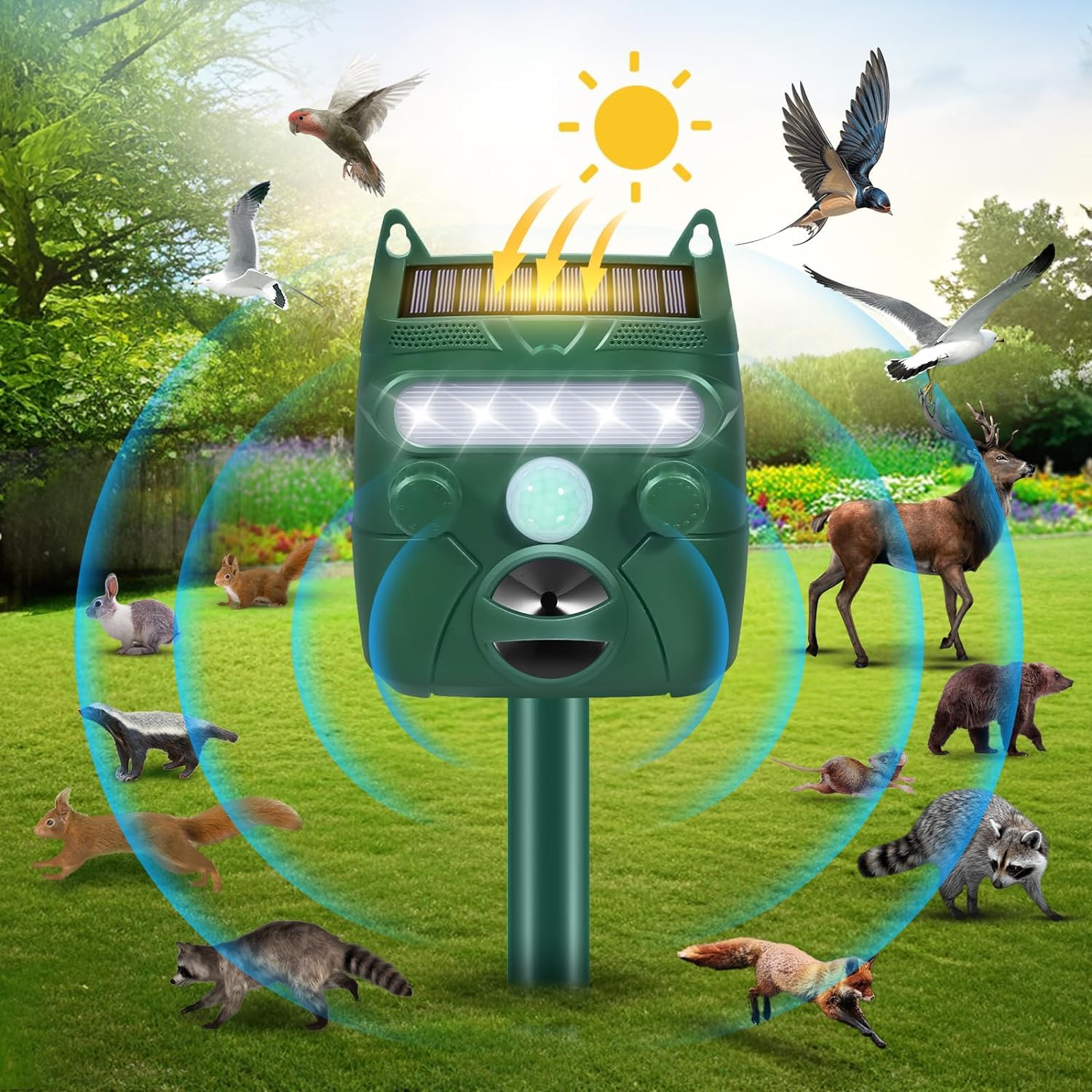 1Pack Ultrasonic Animal Repellent Outdoor Solar Animal Repeller with Motion Sensor&LED Strobe Light Cat Repellent Outdoor Deer Repellent Devices Waterproof Dog Deterrent Skunk Repellent for Yard