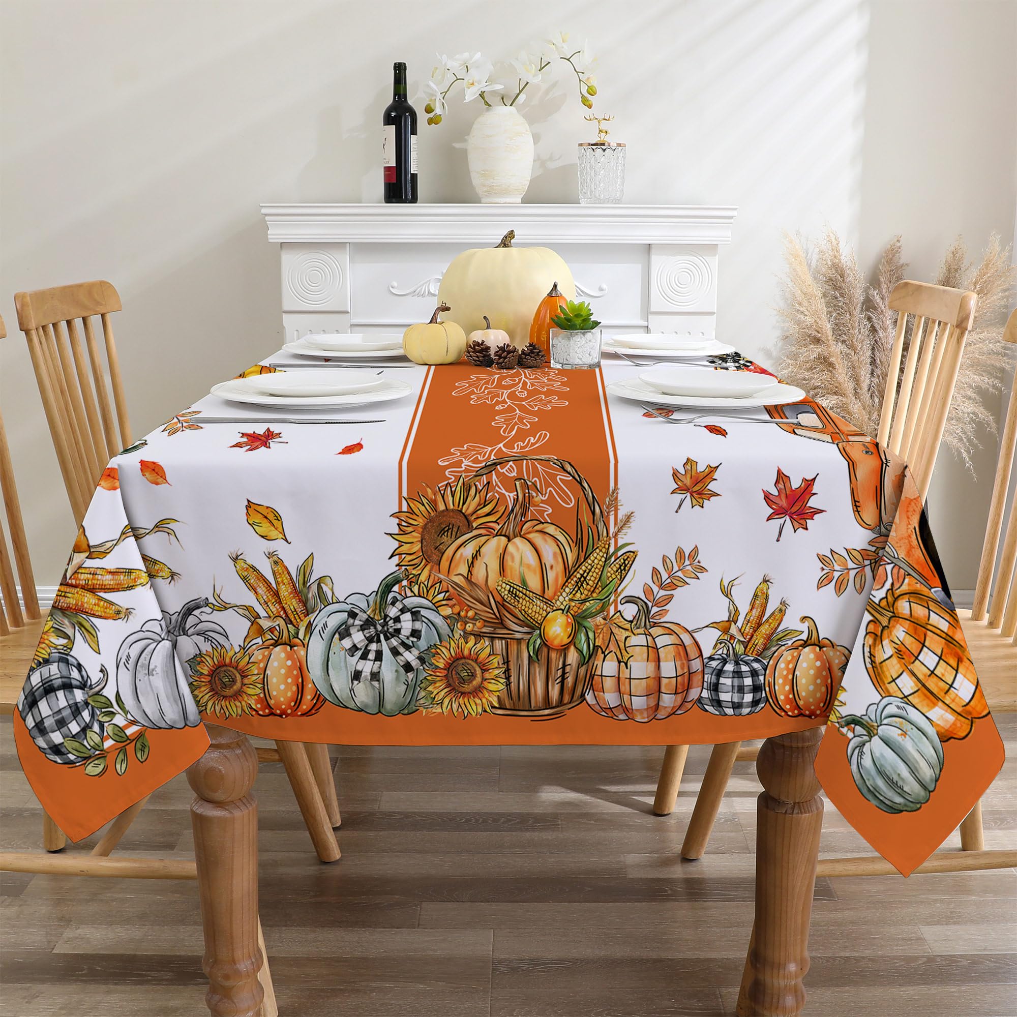 cusugbaso Fall Tablecloth 60x84 Inch Rectangle - Pumpkin Truck Fall Decor for Home - Water Resistant Orange Farmhouse Thanksgiving Table Cloth Rectangle for Party,Dinning,Home