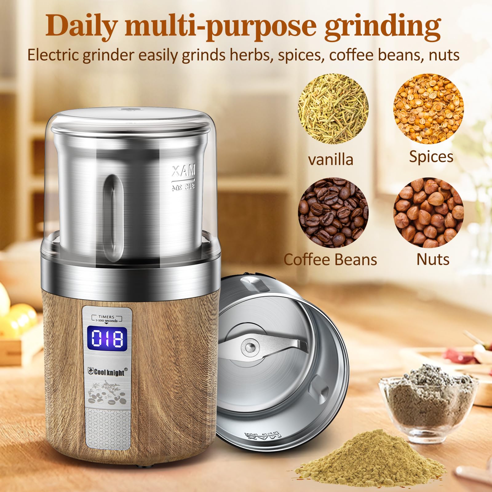 COOL KNIGHT Herb Grinder, Spice Grinder, Electric Grinder with Timer, 304 Stainless Steel Blades and Removable Stainless Steel Bowl, Large Capacity for Quick Grinding of Spices,Herbs,Coffee Beans,etc