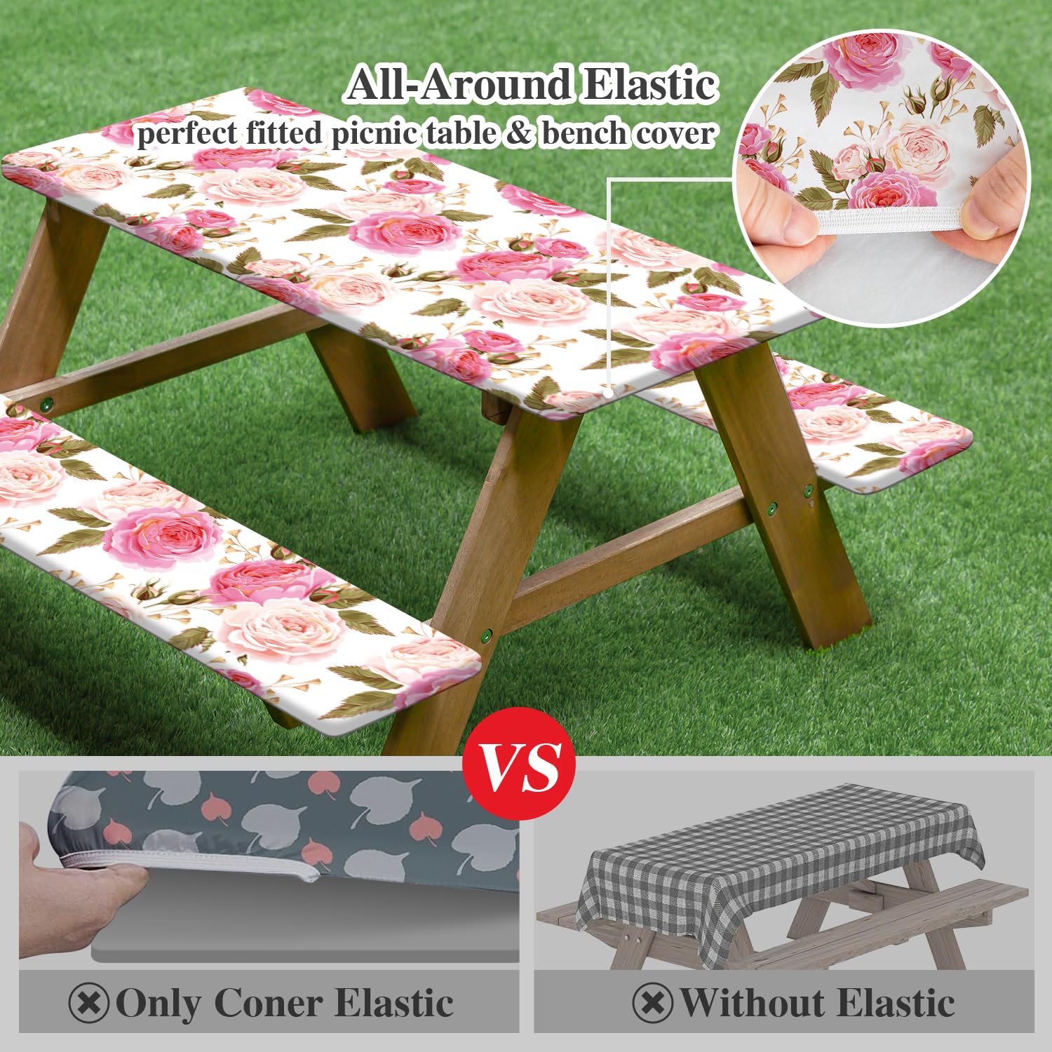 LALILO Pink Picnic Table Cover with Bench Covers, Rose Flower Waterproof Outdoor Table Cover, Floral Romantic Fitted Tablecloths for 6 Foot Rectangle Tables, 72In