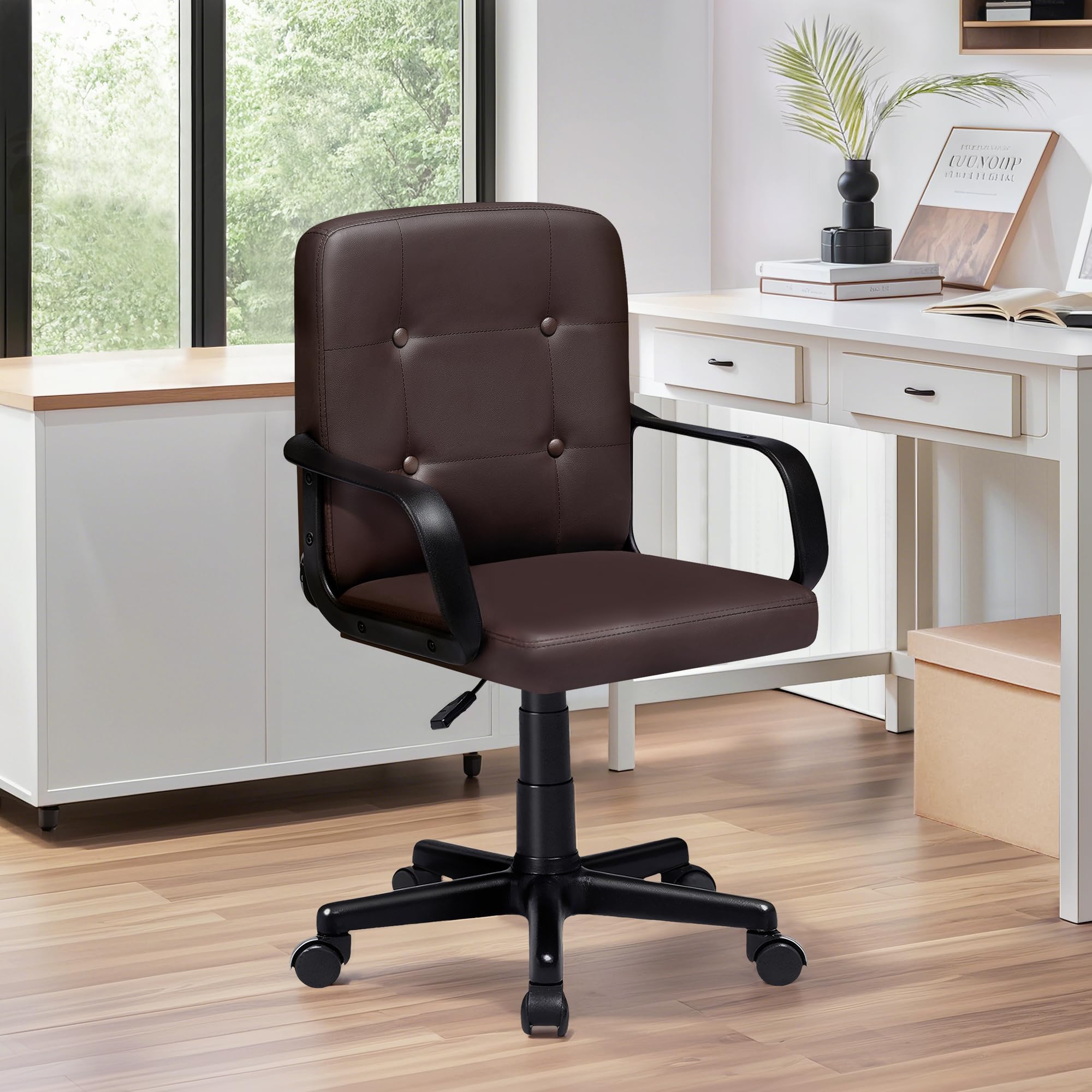 VECELO Desk Chair, Home Office Swivel Chairs PU Leather Height Adjustable with Wheels, Coffee