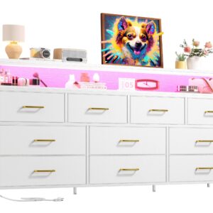 EnHomee 55" W White Dresser for Bedroom with 10 Drawers Long Dressers & Chests of Drawers with LED Lights & Power Outlets Large Dresser for Bedroom Dresser for Closet, Hallway, Metal Frame, White