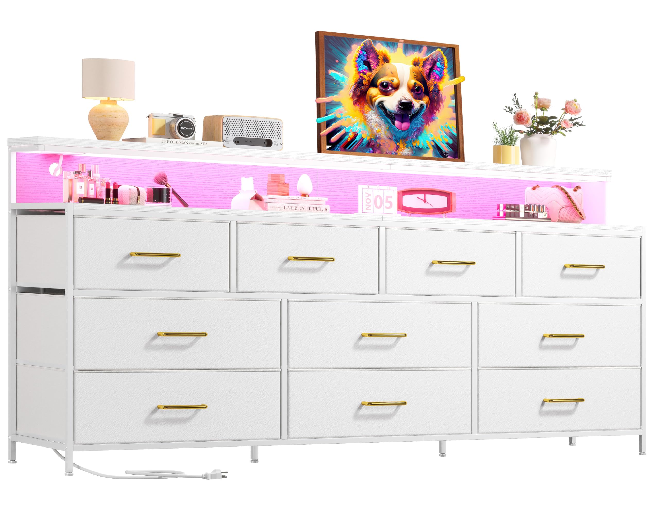 EnHomee 55" W White Dresser for Bedroom with 10 Drawers Long Dressers & Chests of Drawers with LED Lights & Power Outlets Large Dresser for Bedroom Dresser for Closet, Hallway, Metal Frame, White