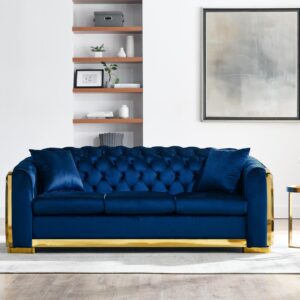 JUSTONE 81.1'' Black Velvet Chesterfield Sofa Couch for Living Room,Luxury Tufted 3 Seat Couch with Gold Stainless for Apartment Office,Navy Blue