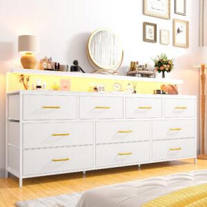 EnHomee 55" W White Dresser for Bedroom with 10 Drawers Long Dressers & Chests of Drawers with LED Lights & Power Outlets Large Dresser for Bedroom Dresser for Closet, Hallway, Metal Frame, White