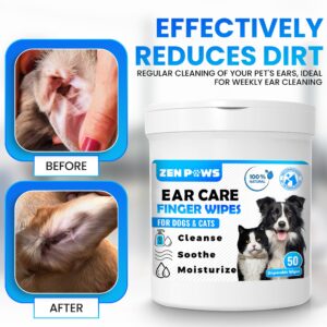 Zenpaws Dogs & Cats Ear Cleaner Finger Wipes - Relieve Ear Itching & Inflammation - Reduce Dirt, Odor and Wax Build - Natural Ingredients - Sooths & Deodorizes – 50 Count