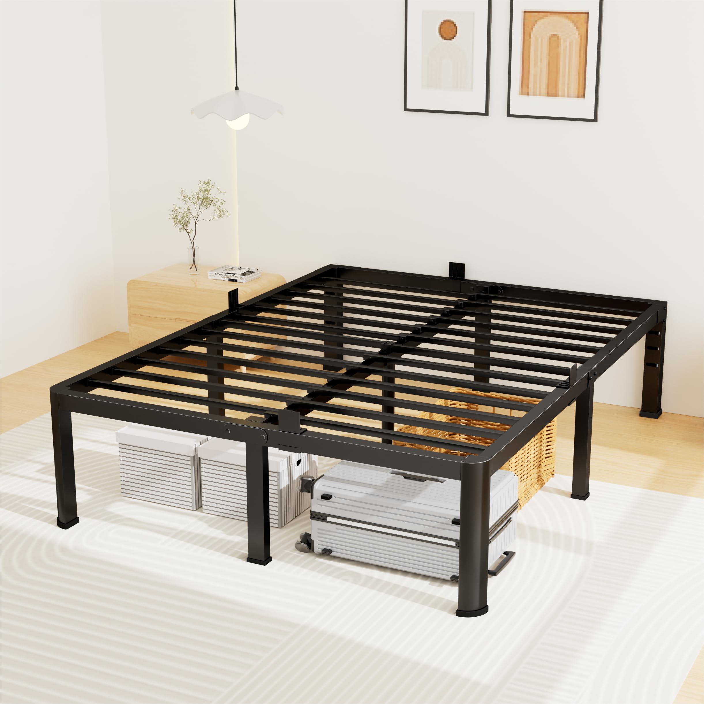 14 Inch Queen Size Platform Bed Frame with Under-Bed Storage Space, Heavy Duty Metal Bed Frame No Box Spring Needed, Sturdy Round Corner Bed Frame Strong Bearing Capacity, Easy Assembly, Noise Free