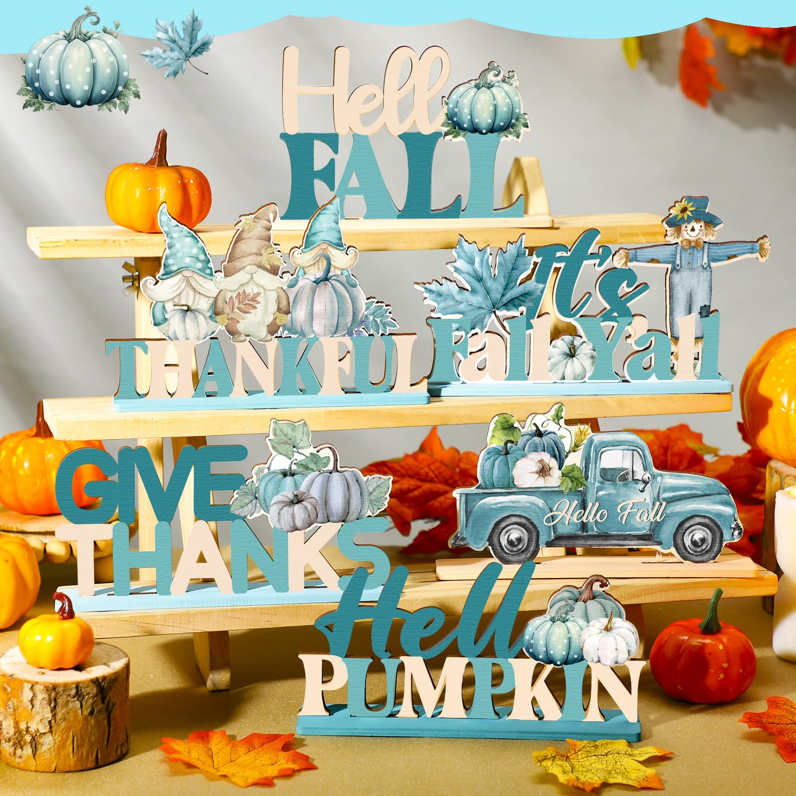 Quzzil 6 Pcs Thanksgiving Wooden Sign Blue Autumn Table Decoration Pumpkin Centerpieces Hello Fall Tabletop Decor for Harvest Farmhouse Home Tables Decor Thanksgiving Theme Party Decorations Supplies