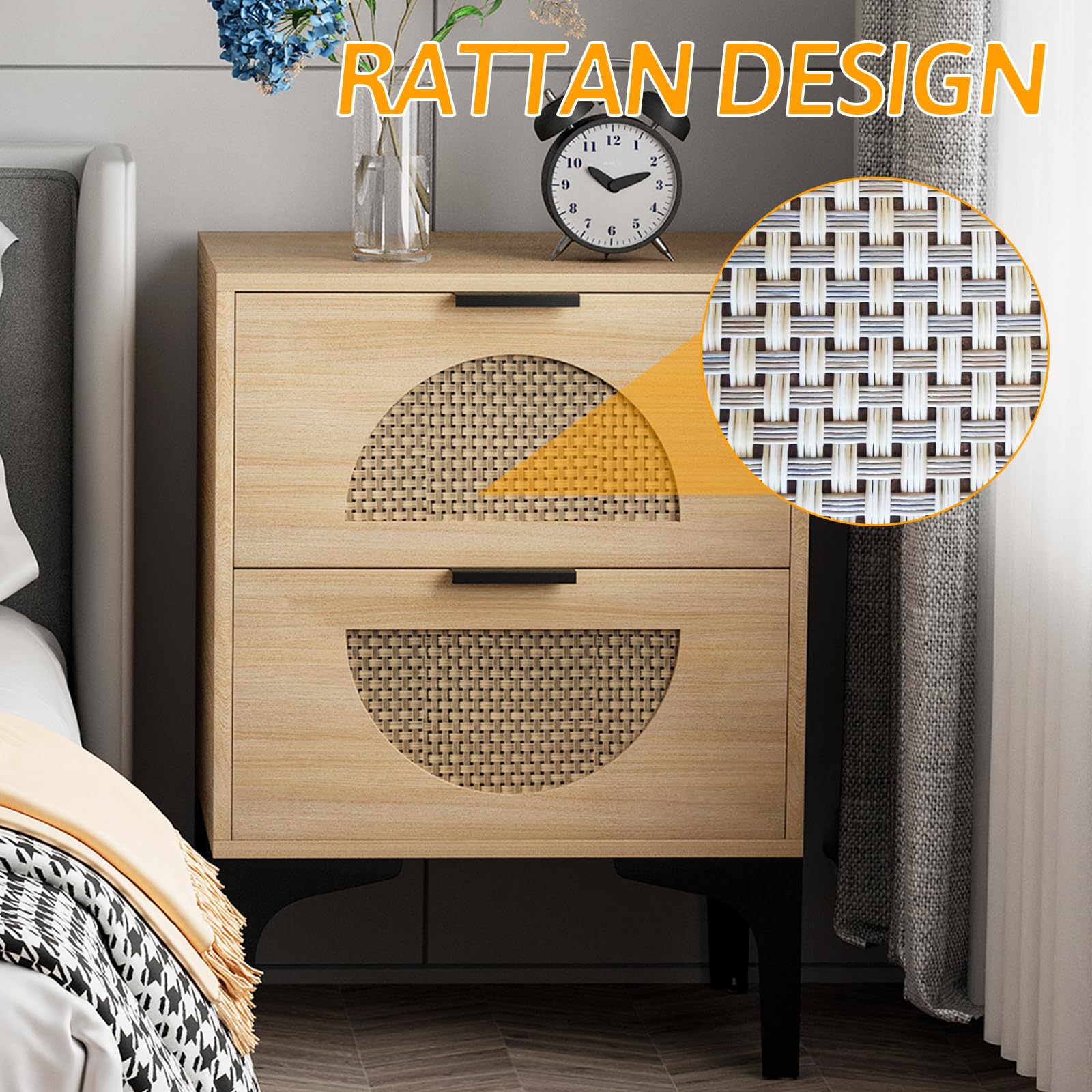 Aenuert Rattan Nightstand with 2 Drawers, Wooden Boho Side Table with Storage, Bedside End Table for Bedroom, Dorm and Small Spaces(Natural)