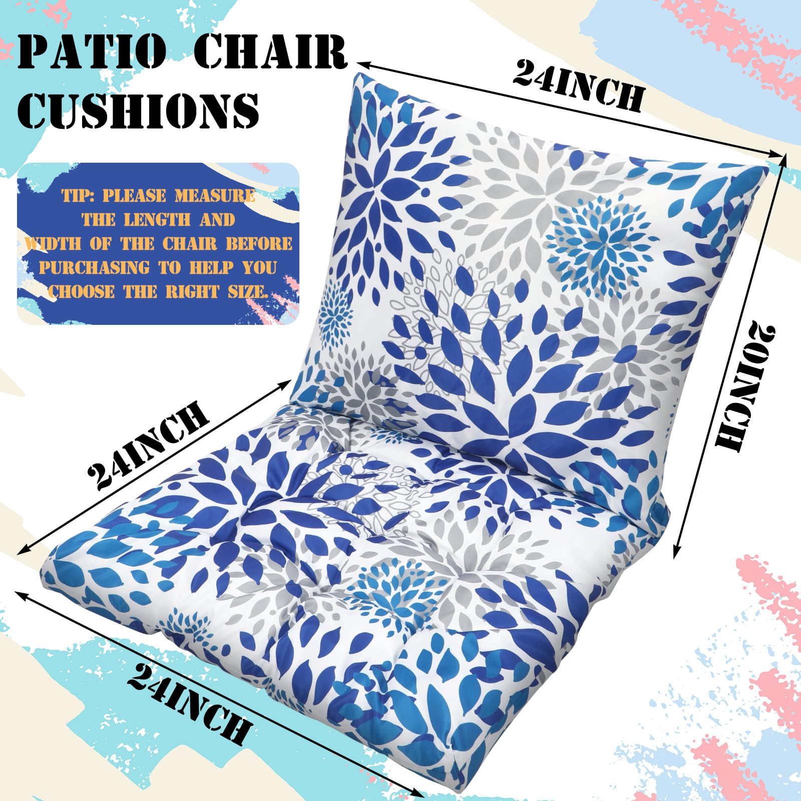 Briwooody Boho Outdoor Deep Seat Cushion Set Waterproof Outdoor Seat Cushion Floral Printed Patio Chair Cushions Set Lawn Furniture Cushions for Patio Garden (Blue Geometric Flower,24 x 24 in)