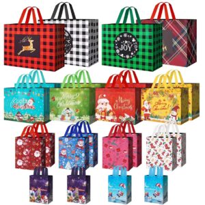 24 pack christmas gift bags assorted sizes with handle, reusable tote gift bags includes 4 extra large, 8 large, 8 medium, 4 small, non-woven christmas bags for gifts xmas party holiday favors