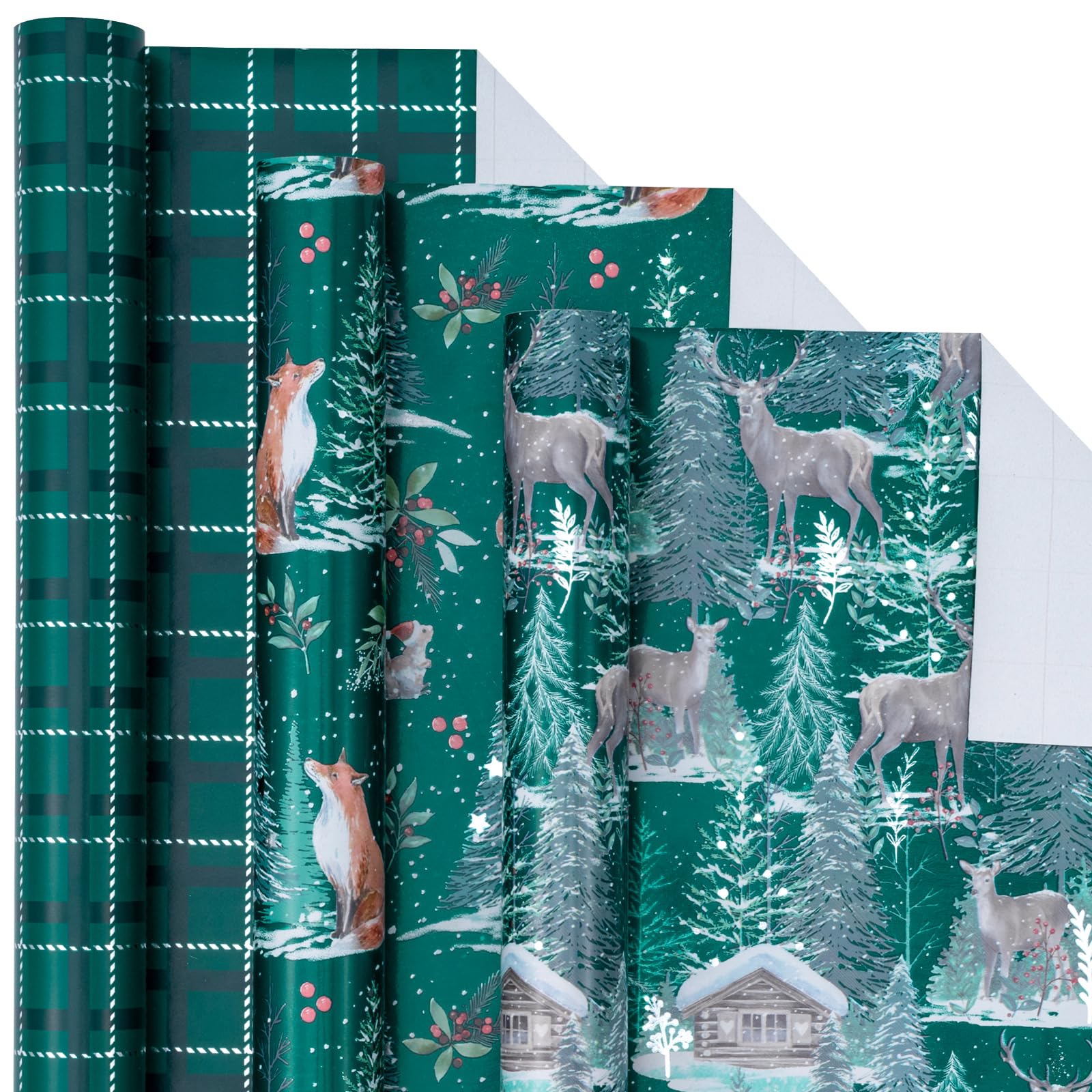 LeZakaa Christmas Green Wrapping Paper Roll - Mini Roll - Fox, Squirrel, Reindeer & Chrismas Tree, Green Plaid for Christmas Holiday Party - 17 x 120 inches - 3 Rolls (42.5 sq.ft.ttl.)