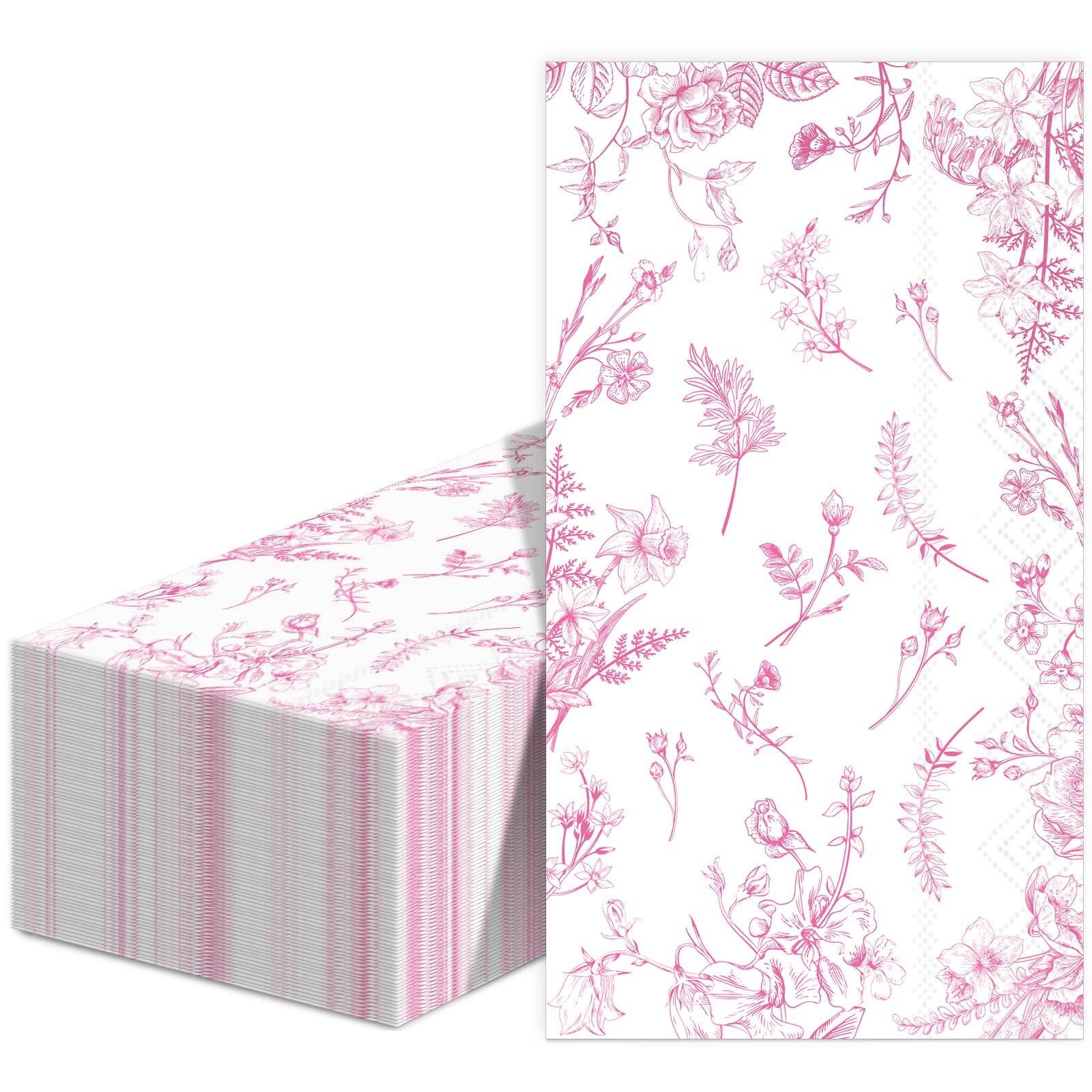 50Pcs Pink Floral Guest Napkins Pink and White Floral Dinner Napkins Party Supplies Pink Floral Paper Bathroom Hand Towels Toile for Wedding Bridal Birthday Baby Shower Garden Tea Summer Party Favor