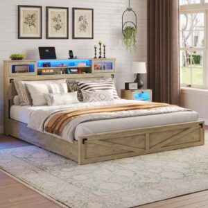 hasuit farmhouse bed frame king size with bookcase headboard and 2 drawers, wooden platform king bed with led lights and charging station, rustic accent headboard with sliding door, rustic brown