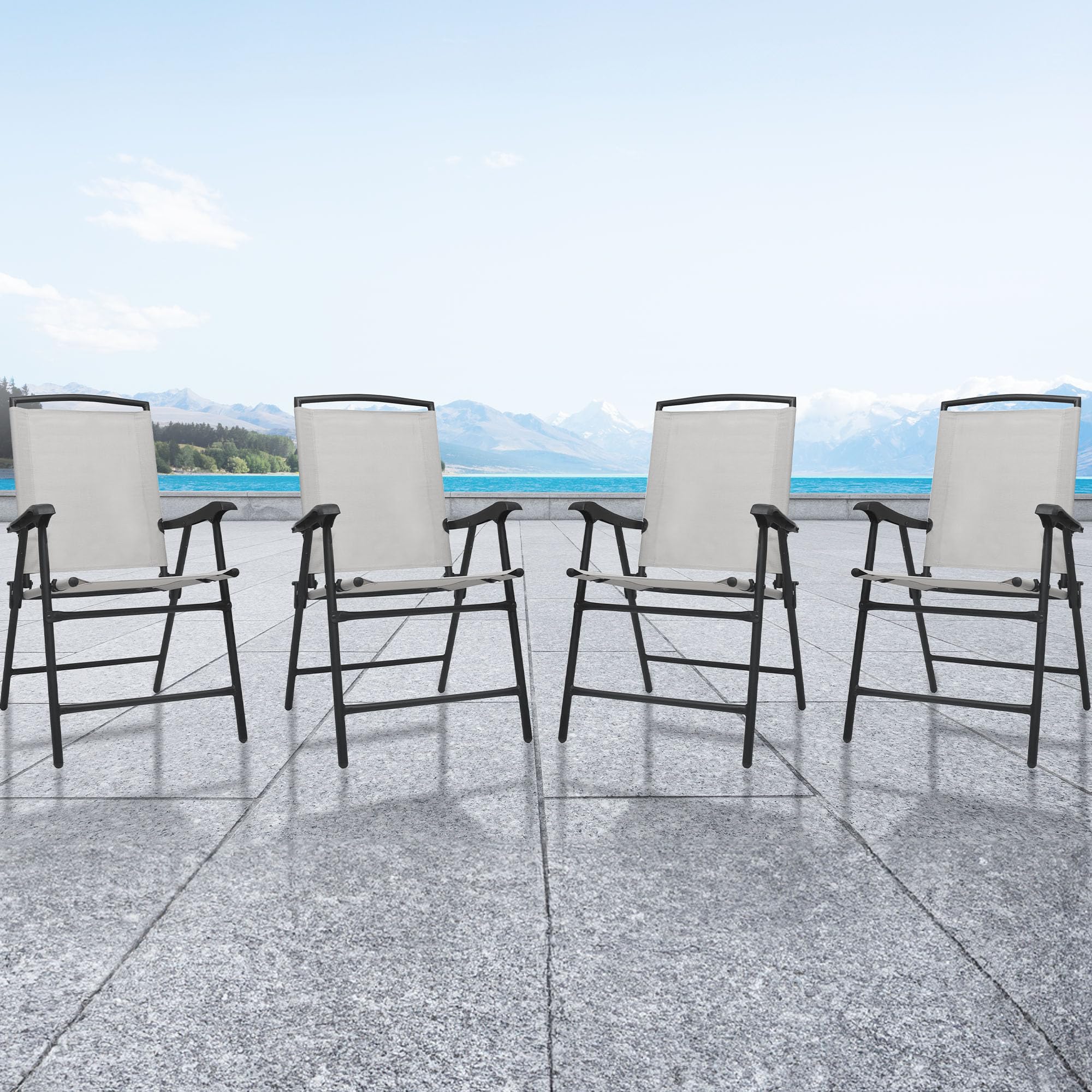 Four Seasons Courtyard Sunny Isles Outdoor Patio Foldable Arm Chairs Sling Fabric Steel Frame Seating Furniture Set, 4 Pack, Gray