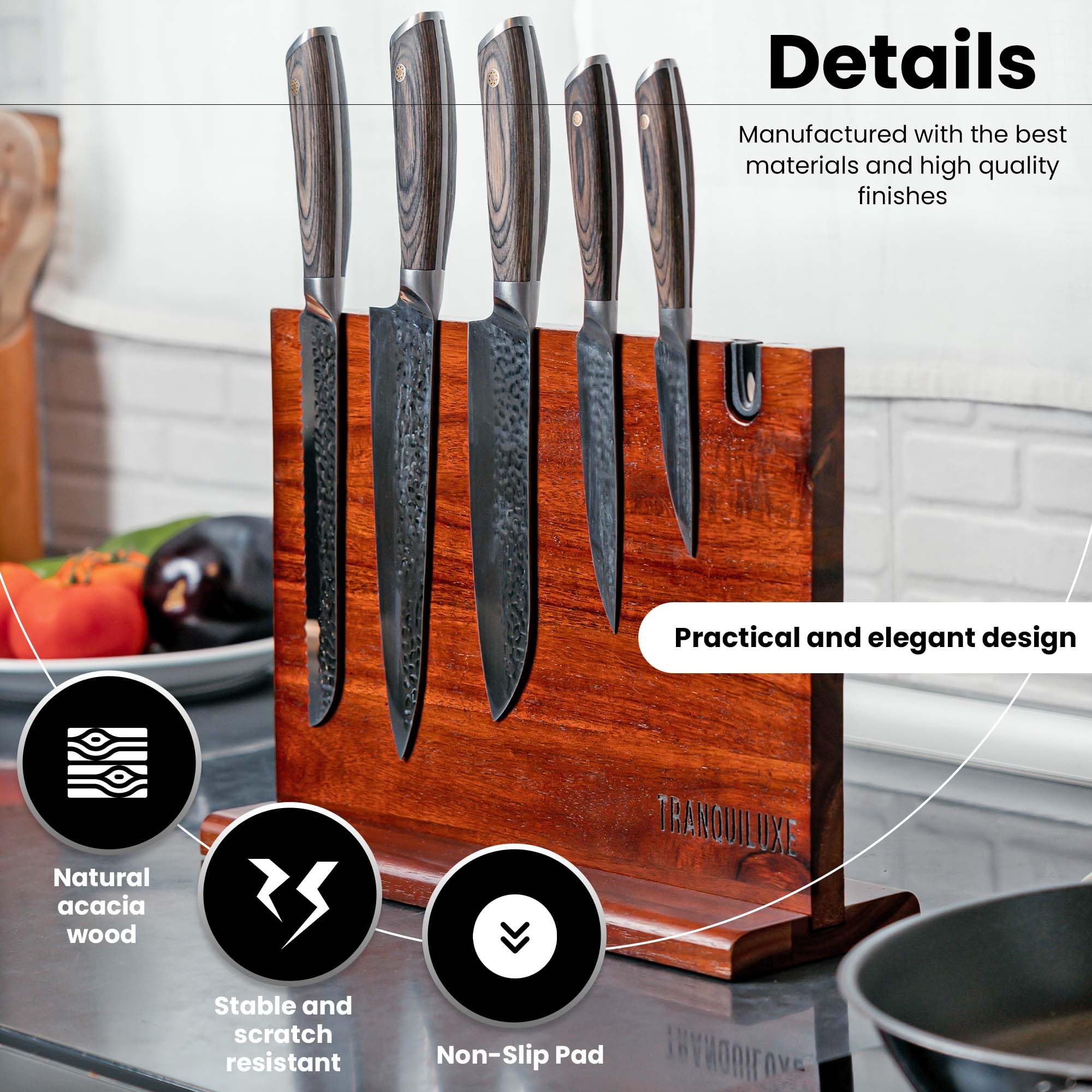 Tranquiluxe Magnetic Knife Block - Double Sided Magnetic Knife Holder, 14 x 10 Inches Kitchen Knife Block Acacia Wood Magnetic Knife Holder Stand with Knife Sharpener Knife Block without Knives