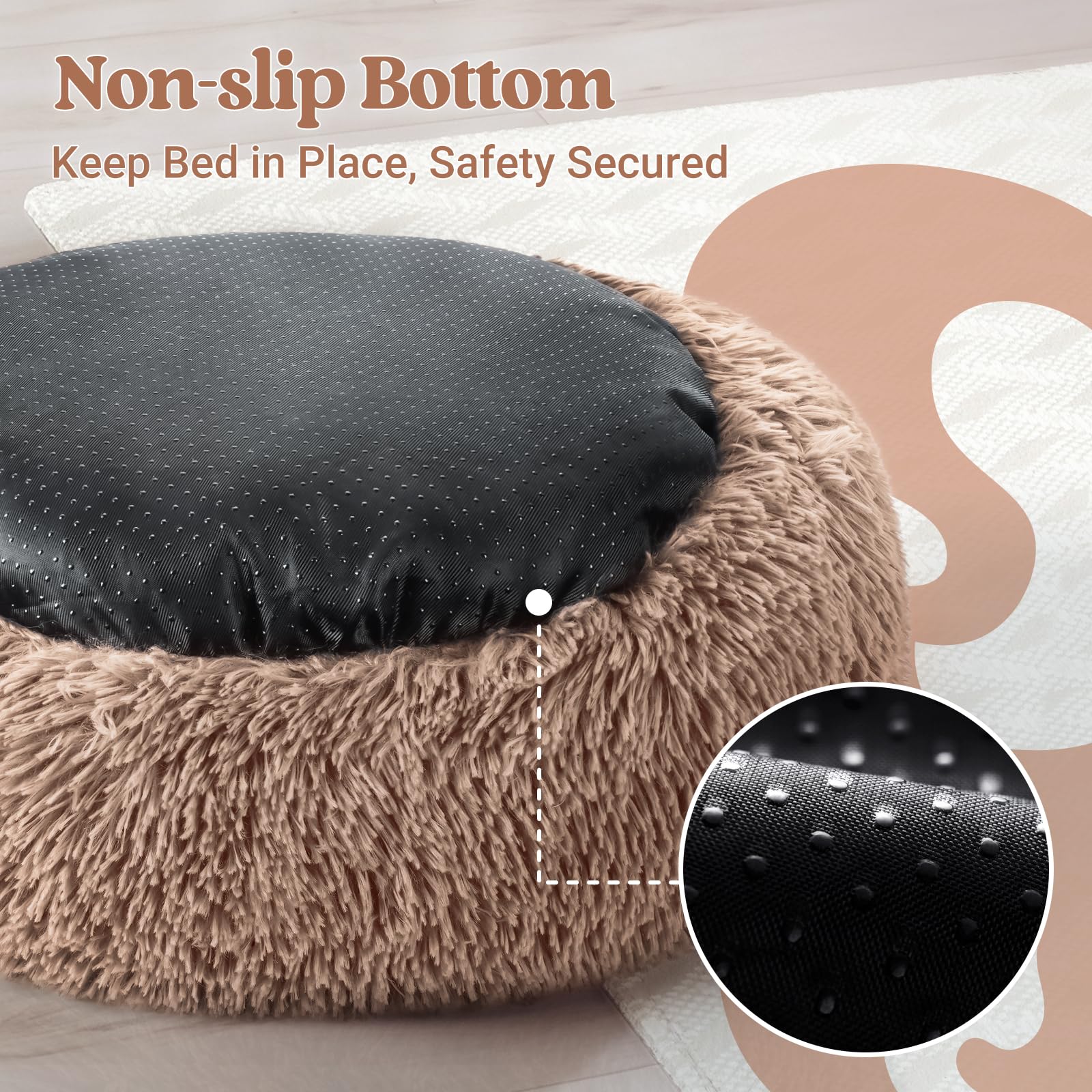 rabbitgoo Cat Beds for Indoor Cats, 20 inches Cat Bed Machine Washable, Fluffy Round Pet Bed Non-Slip, Calming Soft Plush Donut Cuddler Cushion Self Warming for Small Dogs Kittens, Light Brown, Medium