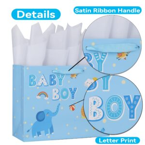 13" Large Blue Gift Bag Set with Greeting Card and Tissue Paper(Elephant and Lion Design) for Baby Boy,Baby Shower,Kids Birthday Party,Newborn,New Moms or Parents - 13” x 5.2” x 10.2”, 1 Pcs.