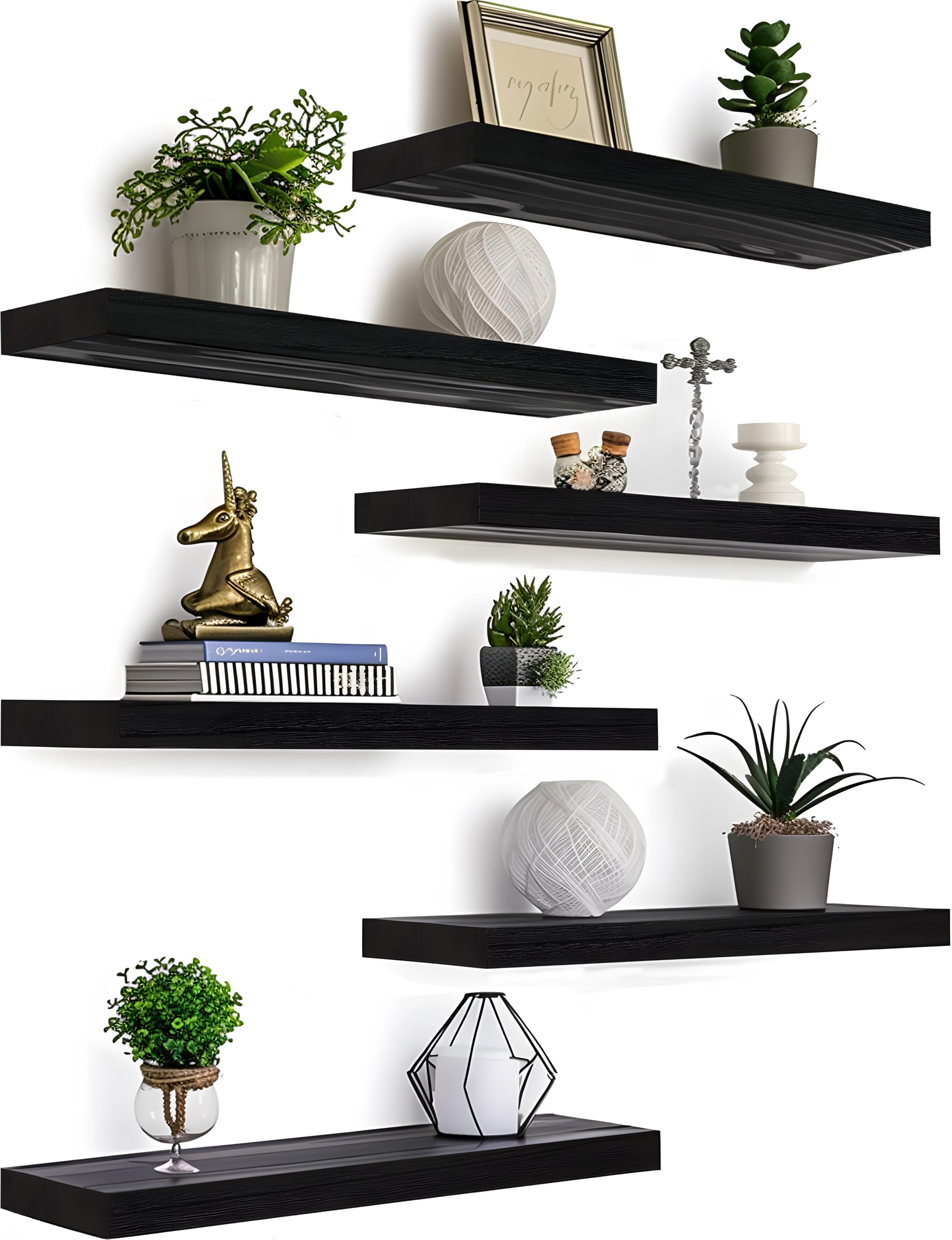 GXYAWPJ Farmhouse Floating Shelves for Wall, Rustic Black Wall Shelves for Bedroom, Set of 6 Wood Shelves for Room Wall