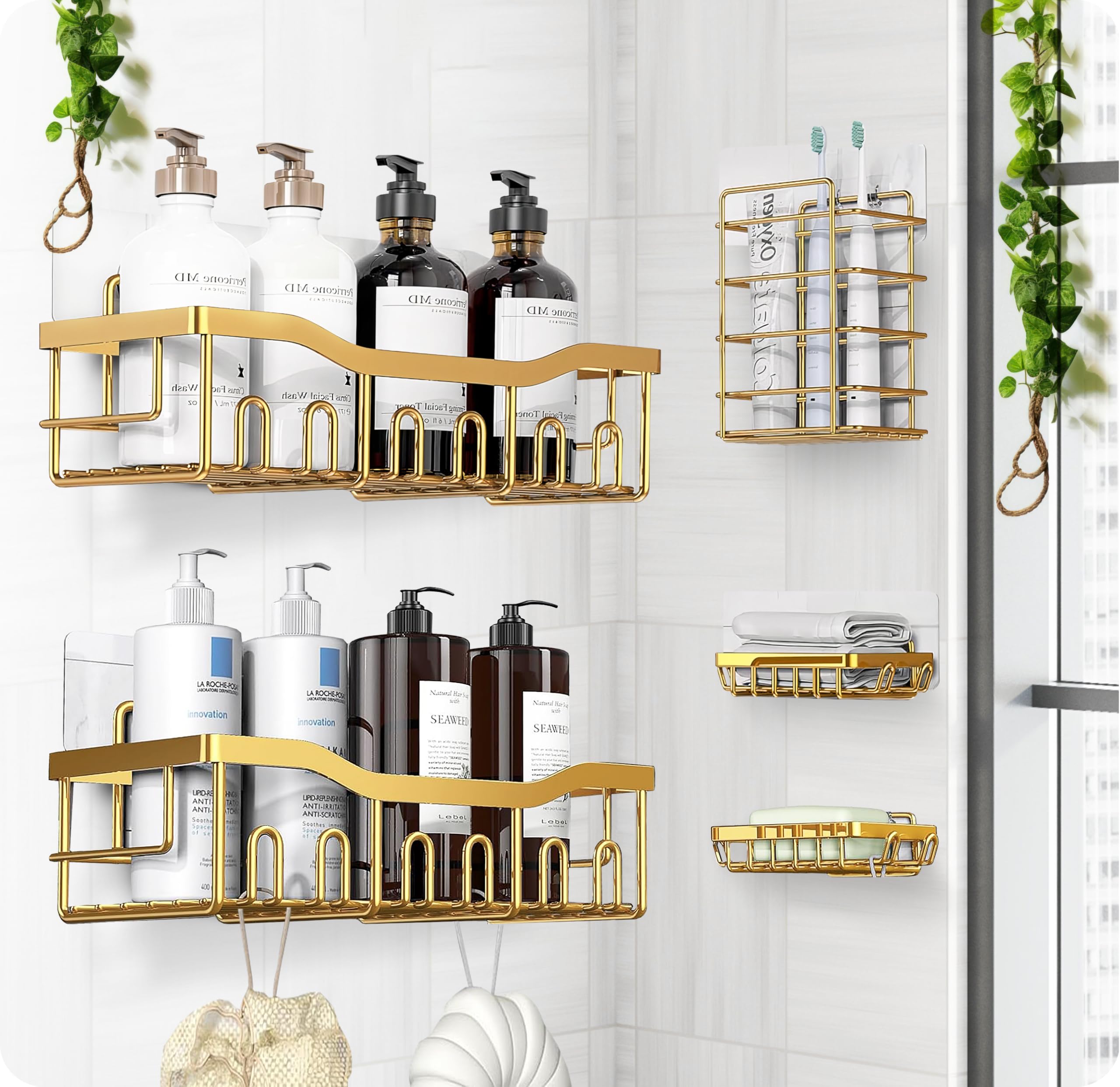 Luxury Style Stainless Steel Shower Caddy Set - Rustproof, Durable, and Adhesive Hanging Bathroom Organizer Kit with 5 Pieces | Shower Caddy Organizer | Bathroom Decor (Luxury Gold)