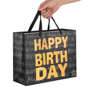 13" Large Black Gift Bag Set with Greeting Card and Tissue Paper(Gold Foil ‘Happy Birthday’) for Men's or Women's Birthday Party, Boys’, Girls’ or Kids' Birthday Parties, Baby Shower - 13”x5.2”x10.2”, 1 Pcs.