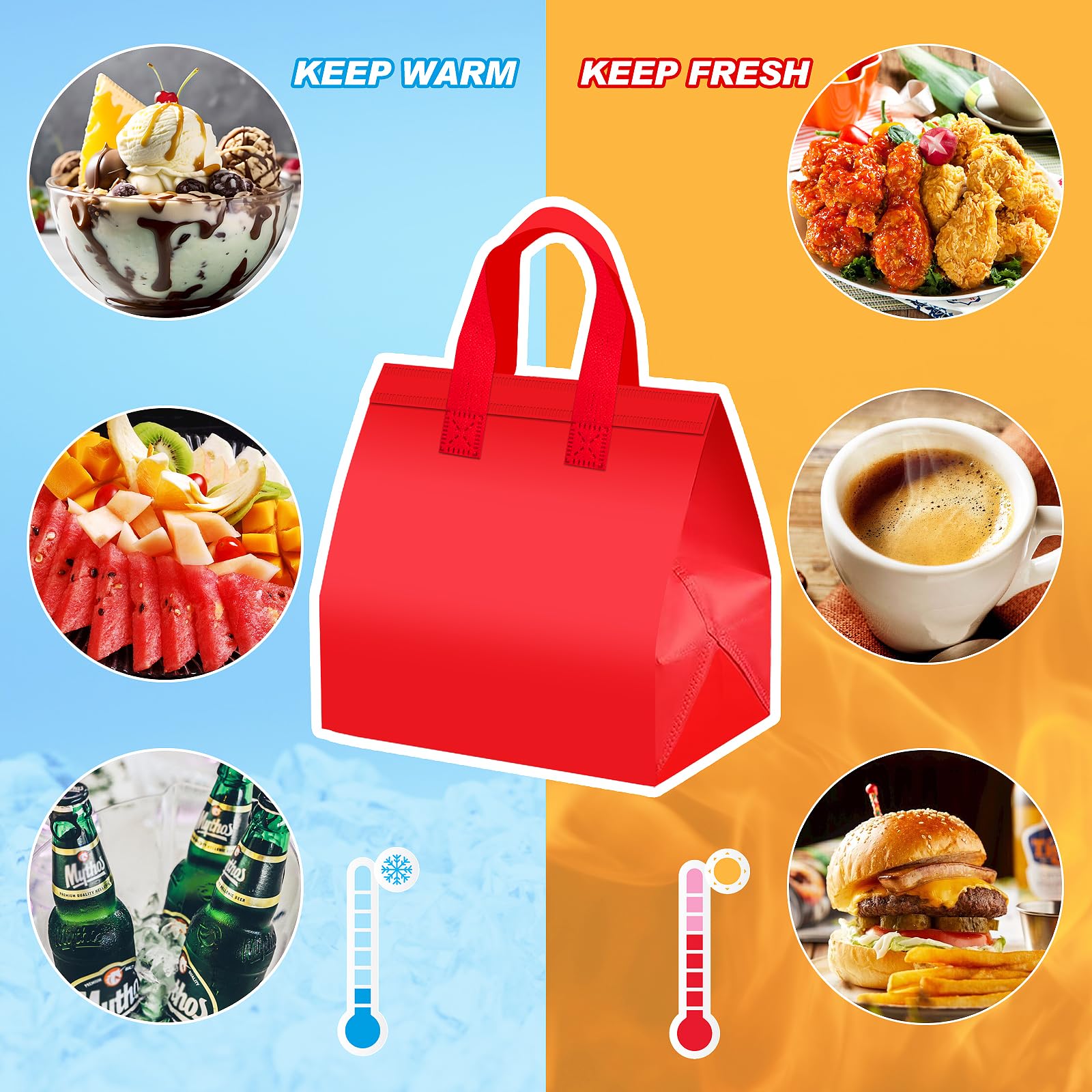 Kidum 60 Pcs Insulated Take Away Bags Bulk 9.5 x 6 x 9.5 in Insulated Lunch Bag Disposable Thermal Insulation Cooler Bags Hot Cold Delivery Bag for Catering Restaurant Grocery(Six Colors)