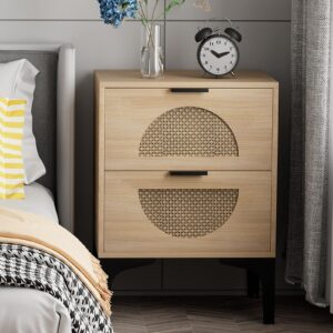 aenuert rattan nightstand with 2 drawers, wooden boho side table with storage, bedside end table for bedroom, dorm and small spaces(natural)