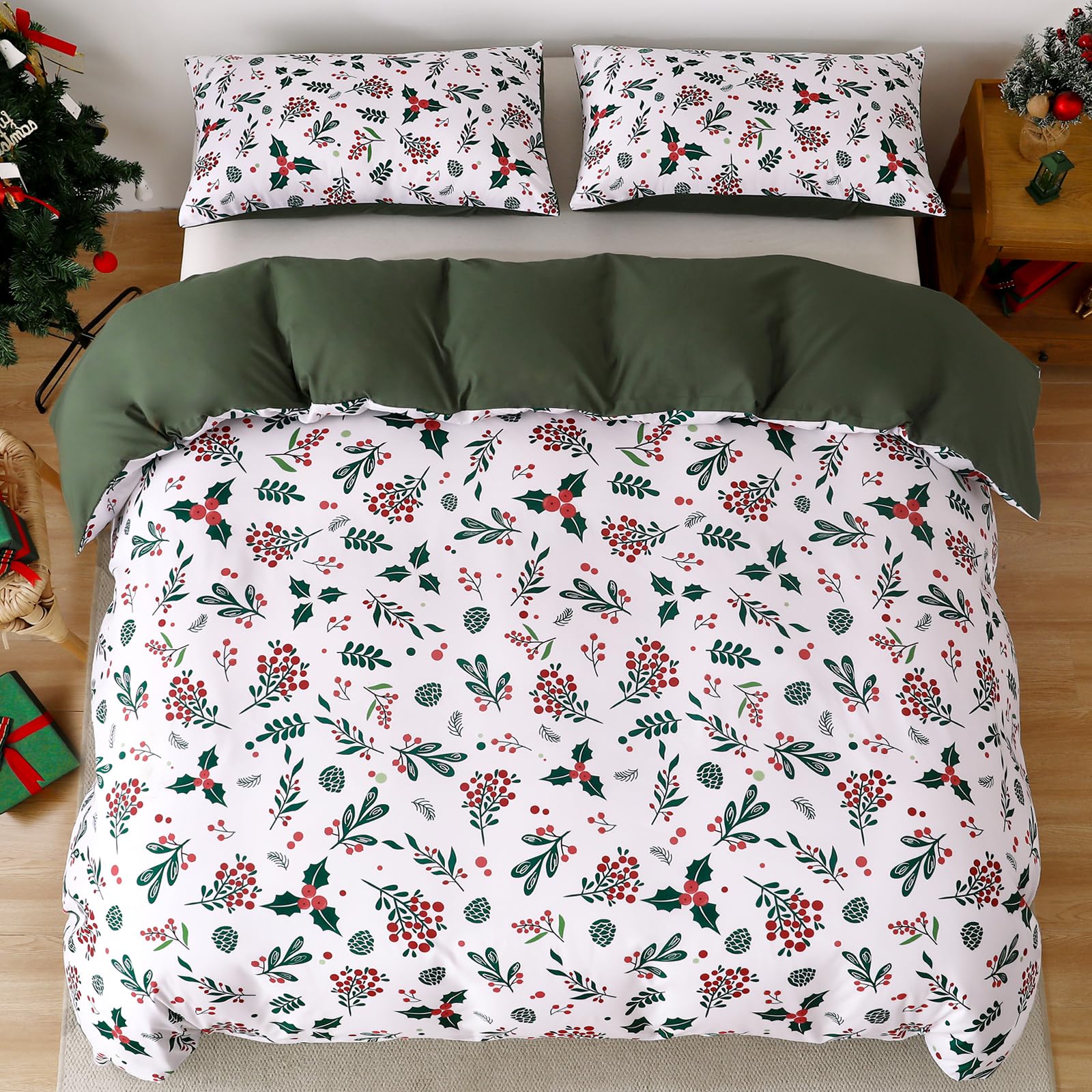 WONGS BEDDING Christmas Duvet Cover Set King,Merry Christmas Holly Berry Printed Bedding Duvet Cover,3 Pieces New Year Bedding Set with 2 Pillowcases 104”X 90”